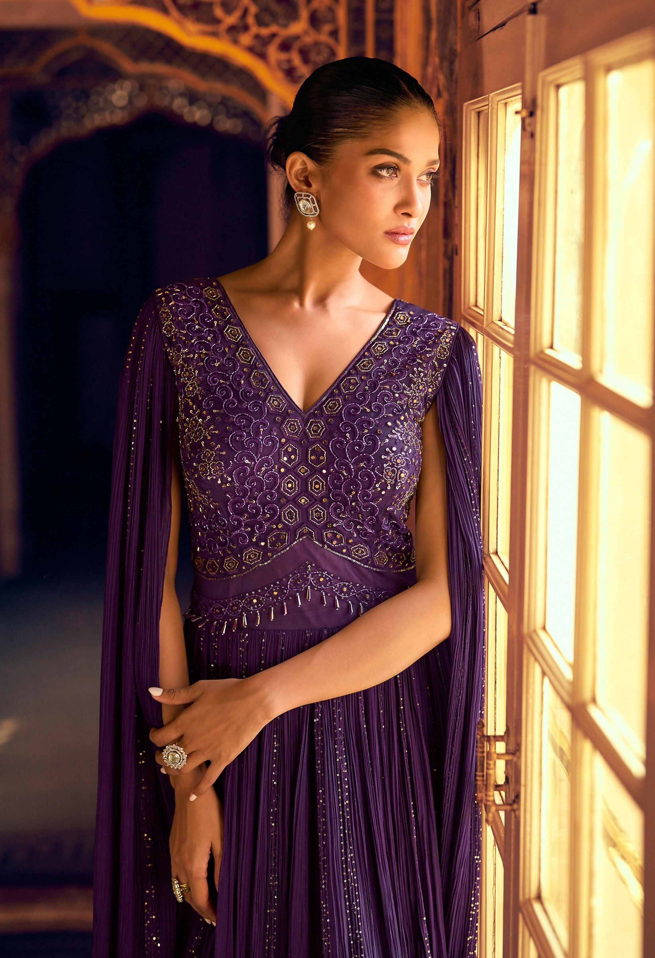 Anaita Purple Shimmer Jacquard Silk Readymade Anarkali Suit with Heavy Embroidery Work | Grocsy