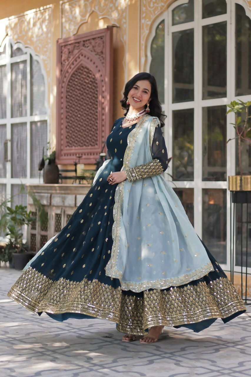 Vastranavya Premium Designer Faux Blooming with Embroidery Zari Sequins work Gown - Teal | Grocsy