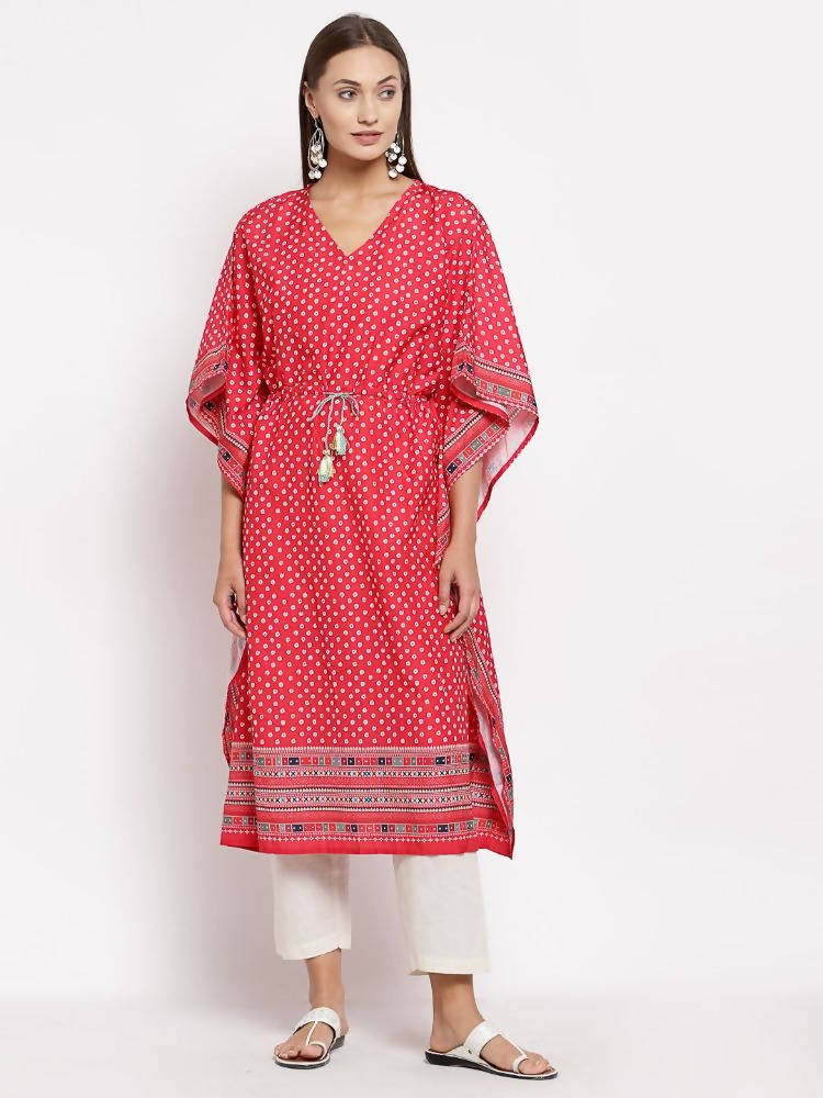Myshka Women's Red Cotton Printed 3/4 Sleeve V Neck Casual Kaftan | Grocsy