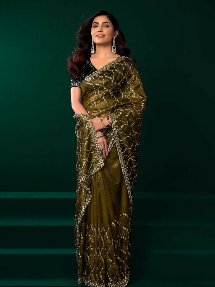 Joban Fashion Mehandi Green Net Party Wear Sarees | Grocsy