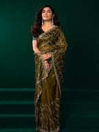 Joban Fashion Mehandi Green Net Party Wear Sarees | Grocsy