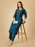 Jyoti Fashion Women's Navy Blue Viscose Rayon Embroidered Kurta Pant Set | Grocsy