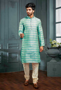 Joban Fashion Men's Sky Blue Poly Jacquard Kurta Pajama | Grocsy