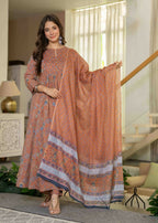 Jaimini Women Cotton Printed Round Neck 3/4 Sleeves Calf Length Flared Kurta Pant And Dupatta Set | Grocsy