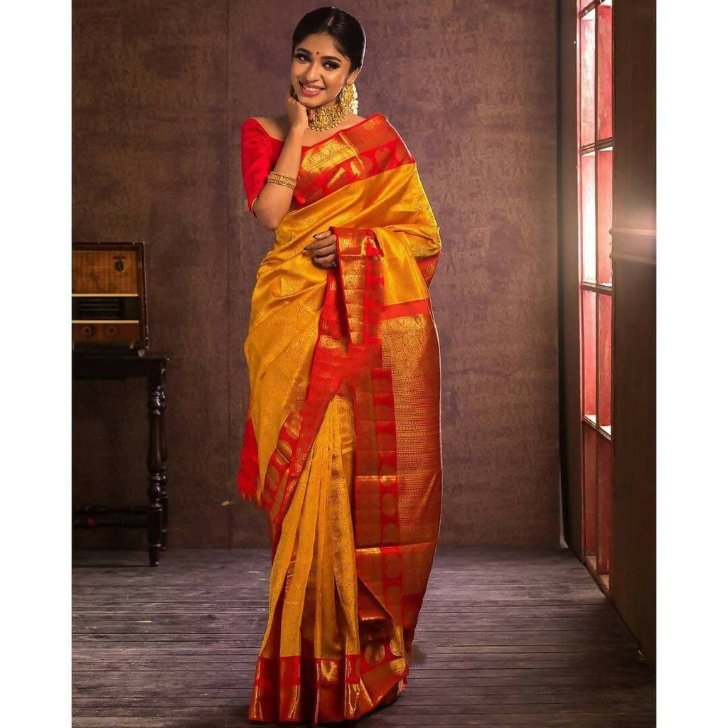 DEIANA'S Beautiful Designer Golden zari Soft Lichi Silk Saree - Yellow | Grocsy