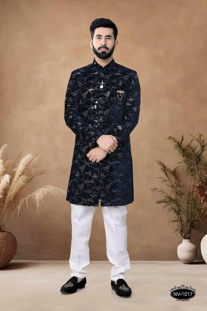 Joban Fashion Men's Blue Straight Velvet Thread & Sequence Embroidery All Over Indo-Western Kurta Set | Grocsy