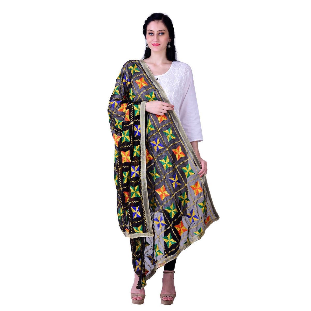 SWI Stylish Women's Embroidered Phulkari Chiffon Black Dupatta | Grocsy