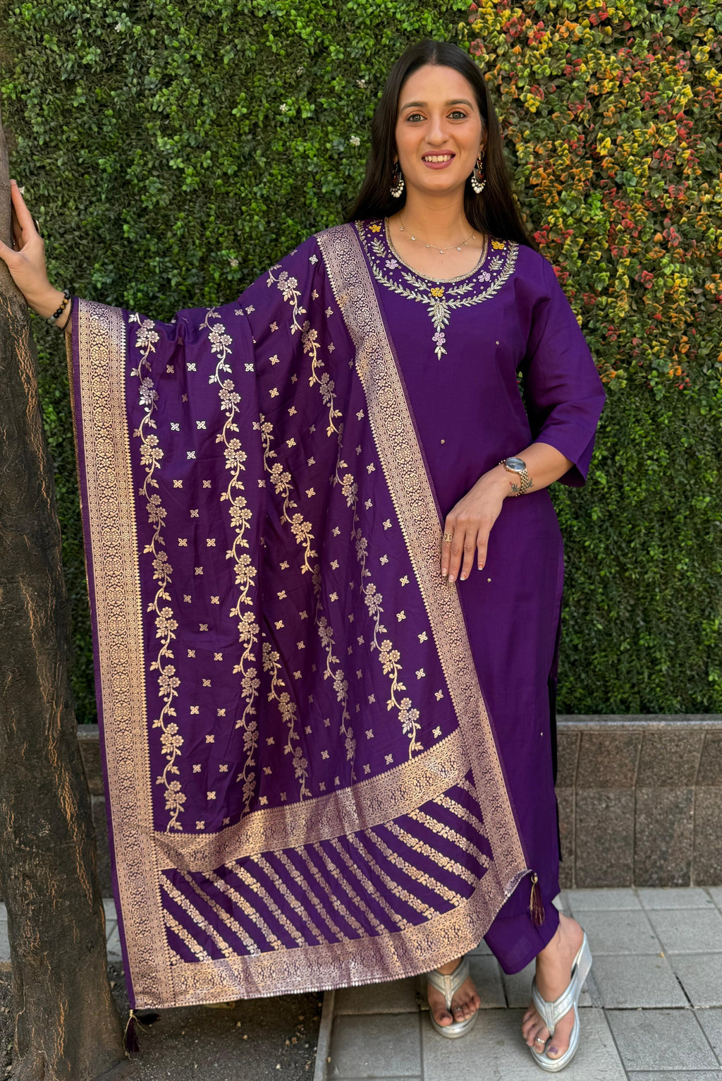 Vedant Vastram Kurta Pant Set With Dupatta Having Beautiful Handwork - Purple | Grocsy