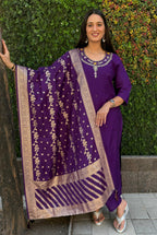 Vedant Vastram Kurta Pant Set With Dupatta Having Beautiful Handwork - Purple | Grocsy