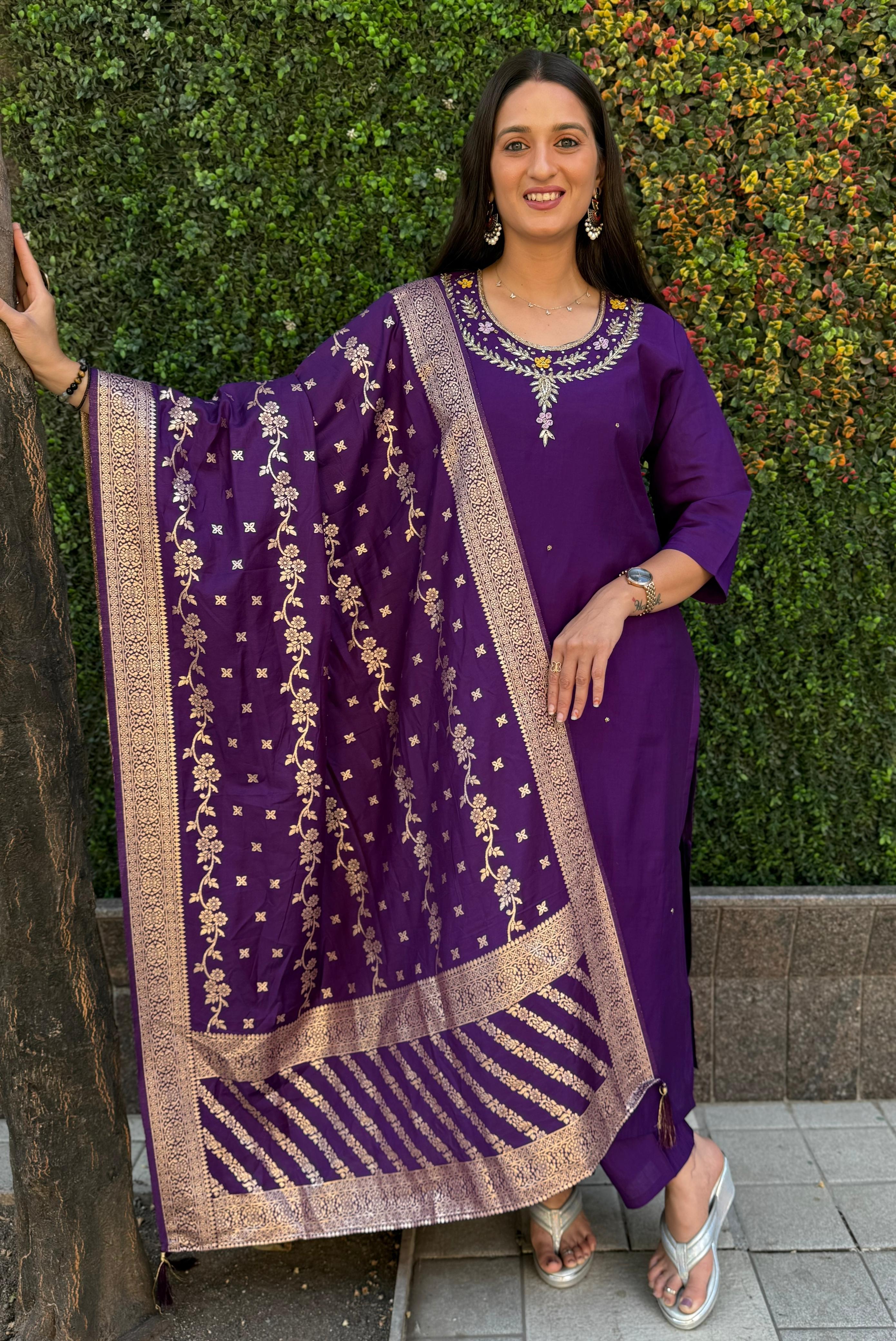Vedant Vastram Kurta Pant Set With Dupatta Having Beautiful Handwork - Purple | Grocsy