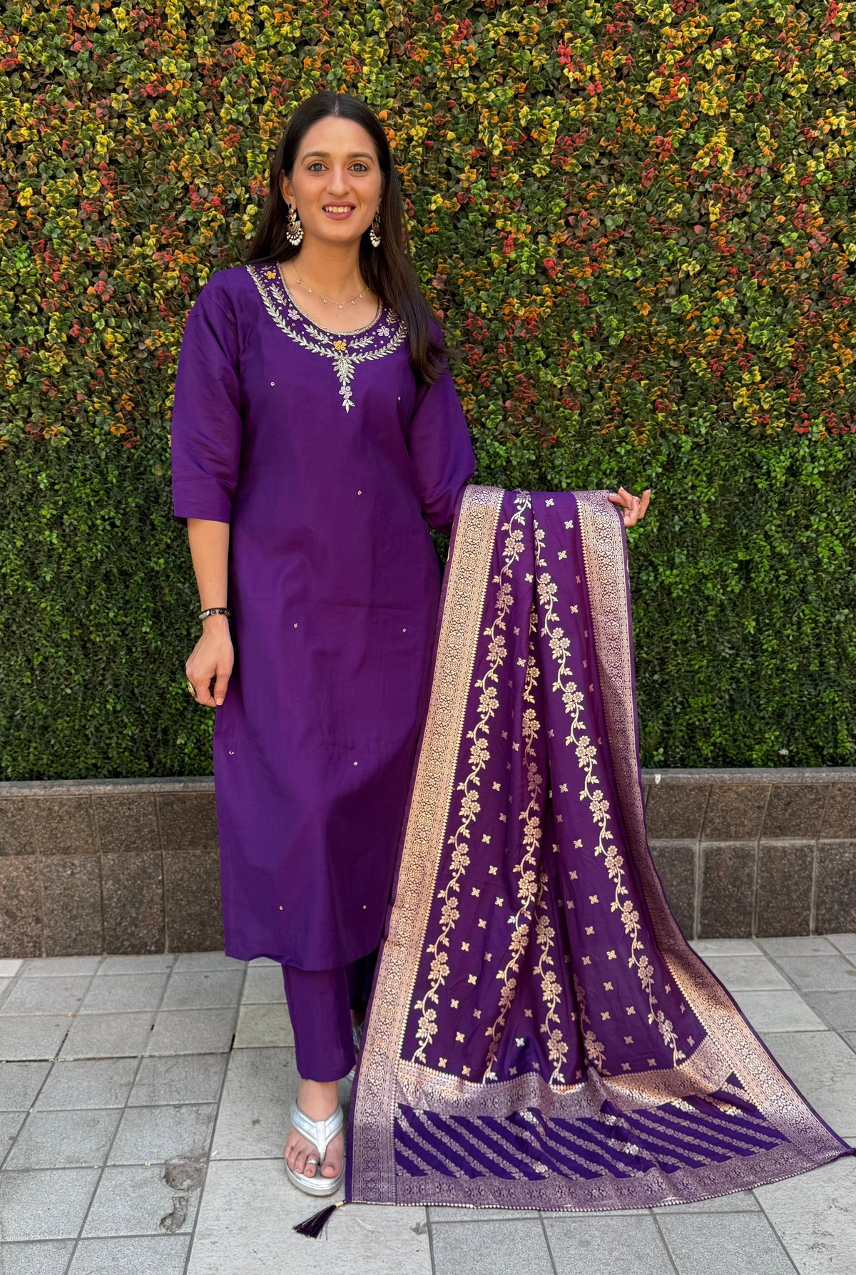 Vedant Vastram Kurta Pant Set With Dupatta Having Beautiful Handwork - Purple | Grocsy