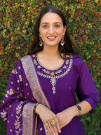 Vedant Vastram Kurta Pant Set With Dupatta Having Beautiful Handwork - Purple | Grocsy