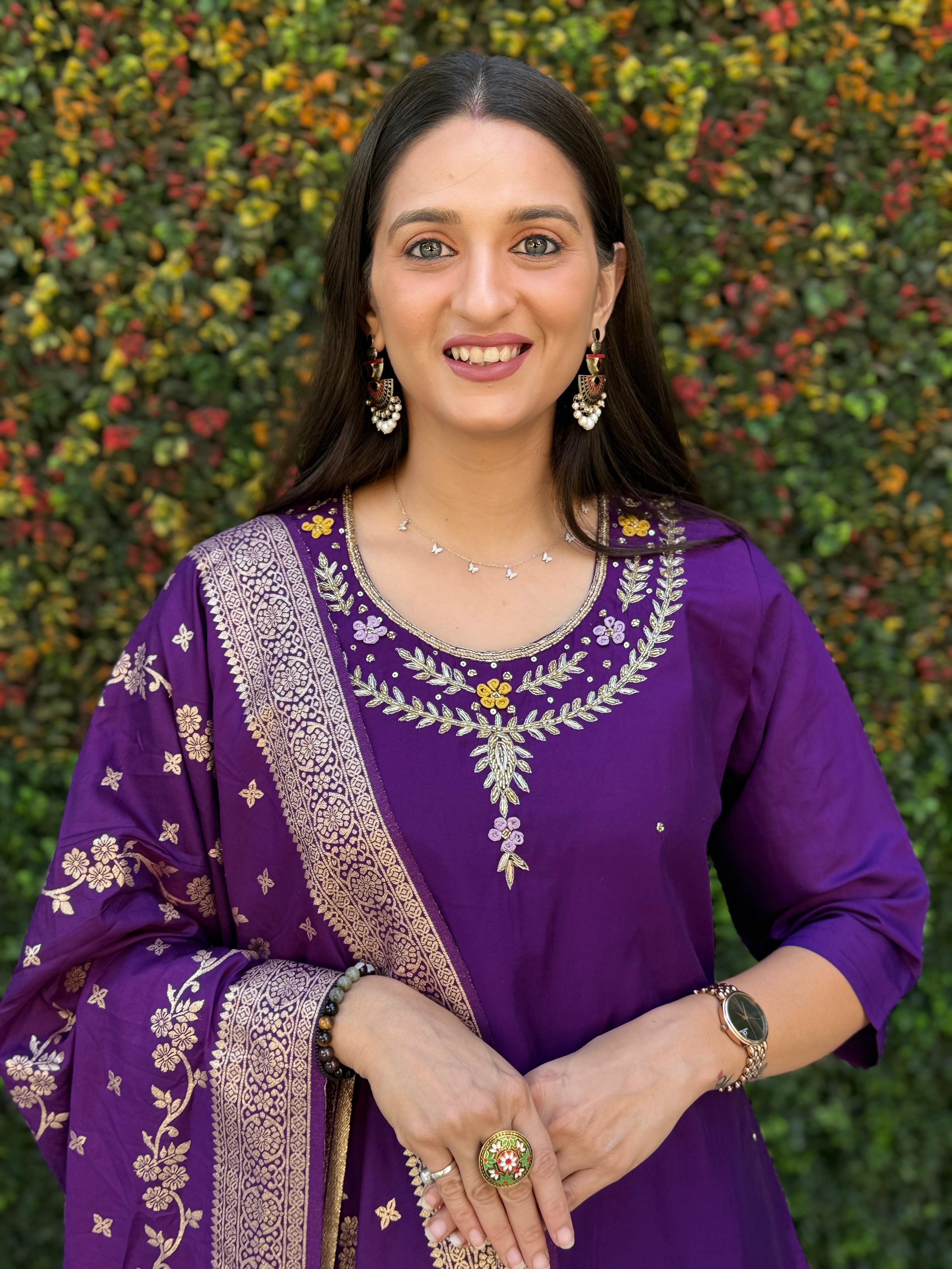 Vedant Vastram Kurta Pant Set With Dupatta Having Beautiful Handwork - Purple | Grocsy