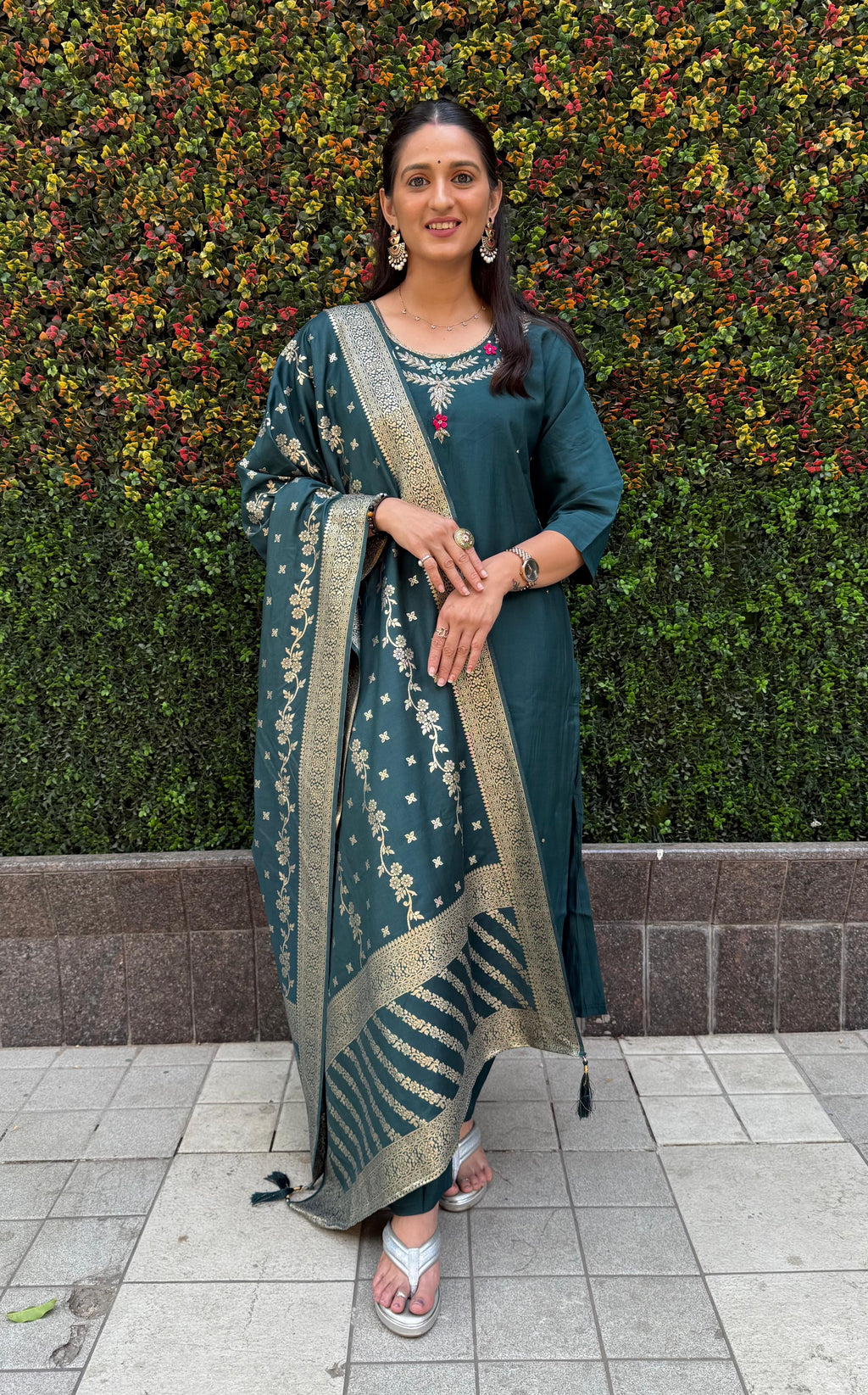 Vedant Vastram Kurta Pant Set With Dupatta Having Beautiful Handwork - Rama-Green | Grocsy