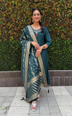 Vedant Vastram Kurta Pant Set With Dupatta Having Beautiful Handwork - Rama-Green | Grocsy