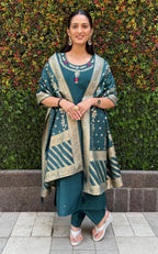 Vedant Vastram Kurta Pant Set With Dupatta Having Beautiful Handwork - Rama-Green | Grocsy