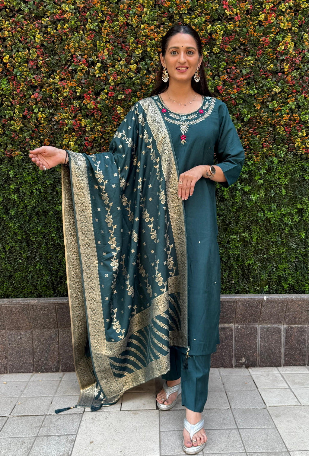 Vedant Vastram Kurta Pant Set With Dupatta Having Beautiful Handwork - Rama-Green | Grocsy