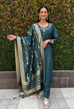 Vedant Vastram Kurta Pant Set With Dupatta Having Beautiful Handwork - Rama-Green | Grocsy