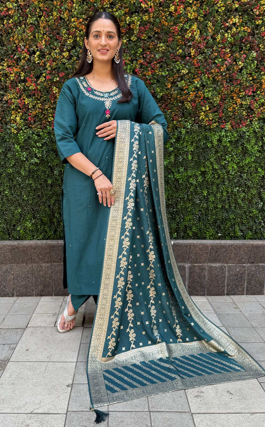 Vedant Vastram Kurta Pant Set With Dupatta Having Beautiful Handwork - Rama-Green | Grocsy