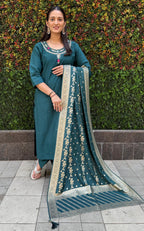 Vedant Vastram Kurta Pant Set With Dupatta Having Beautiful Handwork - Rama-Green | Grocsy