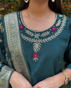 Vedant Vastram Kurta Pant Set With Dupatta Having Beautiful Handwork - Rama-Green | Grocsy