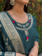Vedant Vastram Kurta Pant Set With Dupatta Having Beautiful Handwork - Rama-Green | Grocsy