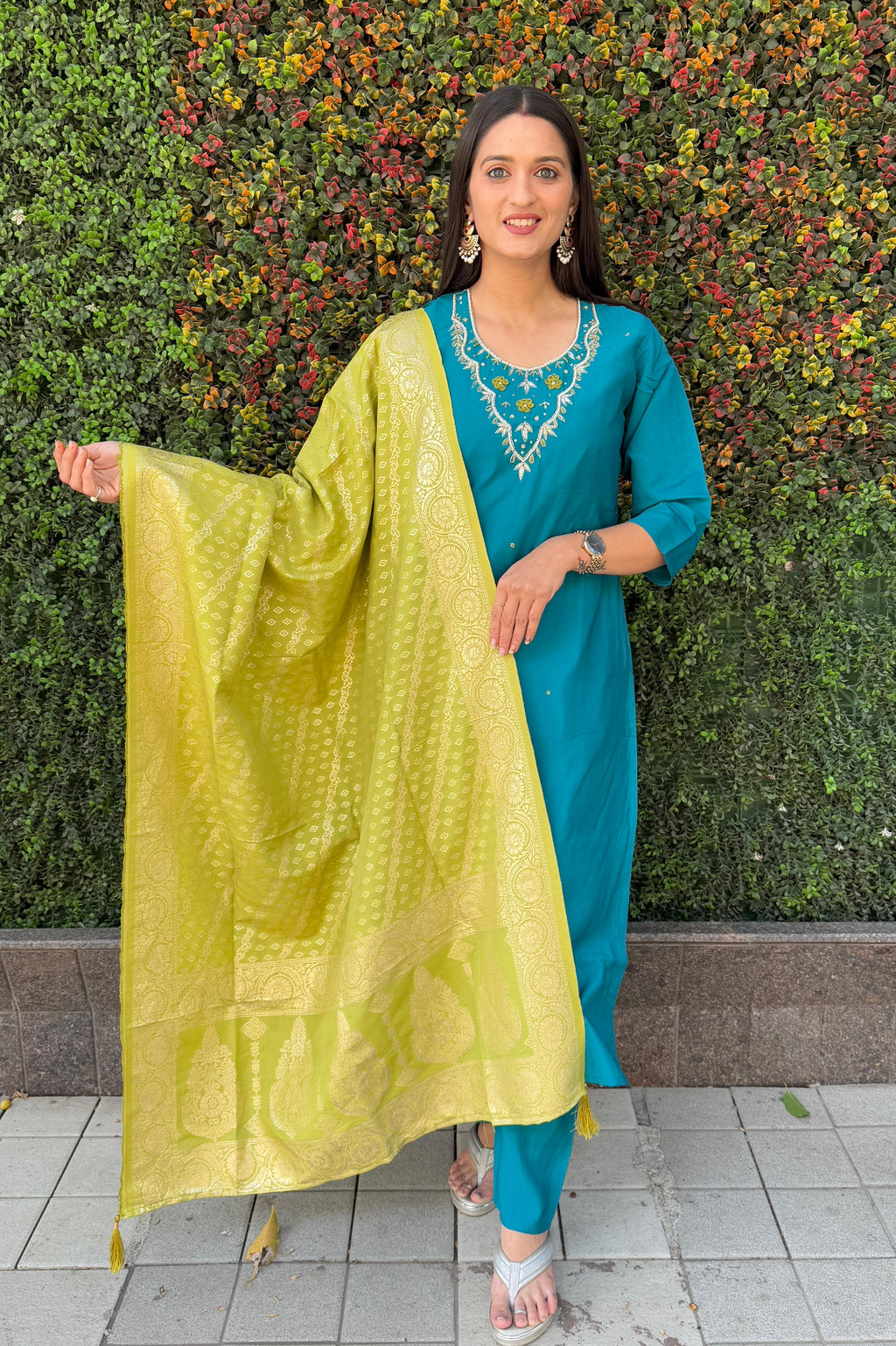 Vedant Vastram Kurta Pant Set With Dupatta Having Beautiful Handwork - Rama | Grocsy