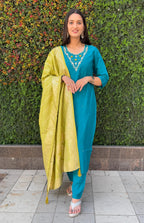 Vedant Vastram Kurta Pant Set With Dupatta Having Beautiful Handwork - Rama | Grocsy