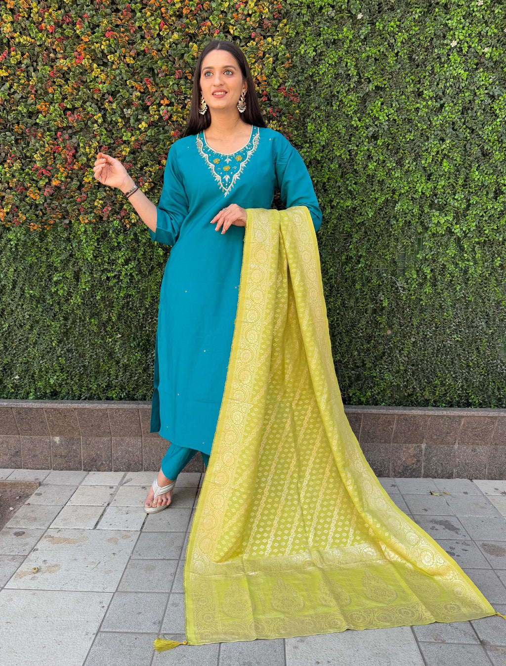 Vedant Vastram Kurta Pant Set With Dupatta Having Beautiful Handwork - Rama | Grocsy