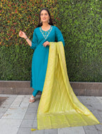 Vedant Vastram Kurta Pant Set With Dupatta Having Beautiful Handwork - Rama | Grocsy