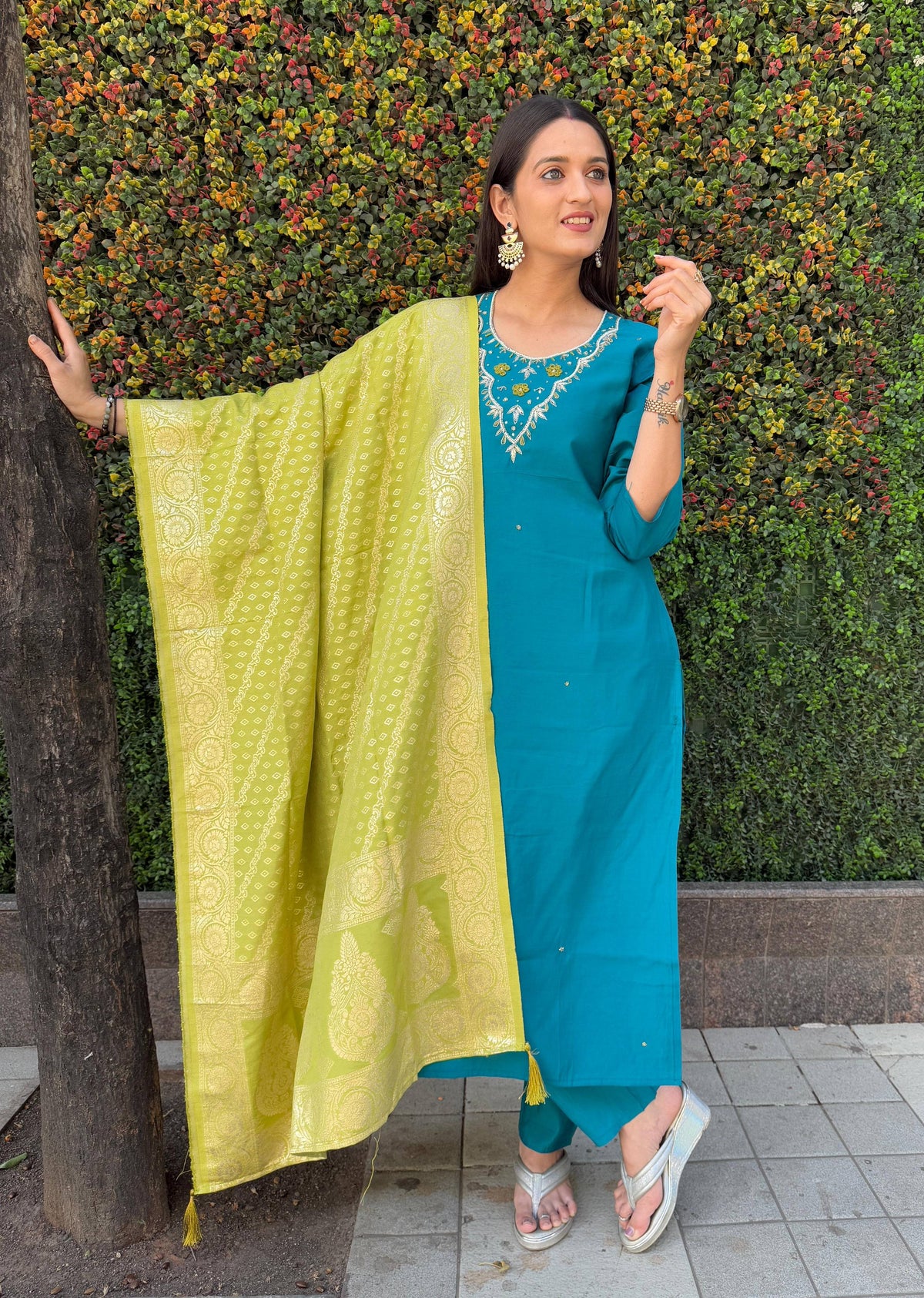 Vedant Vastram Kurta Pant Set With Dupatta Having Beautiful Handwork - Rama | Grocsy