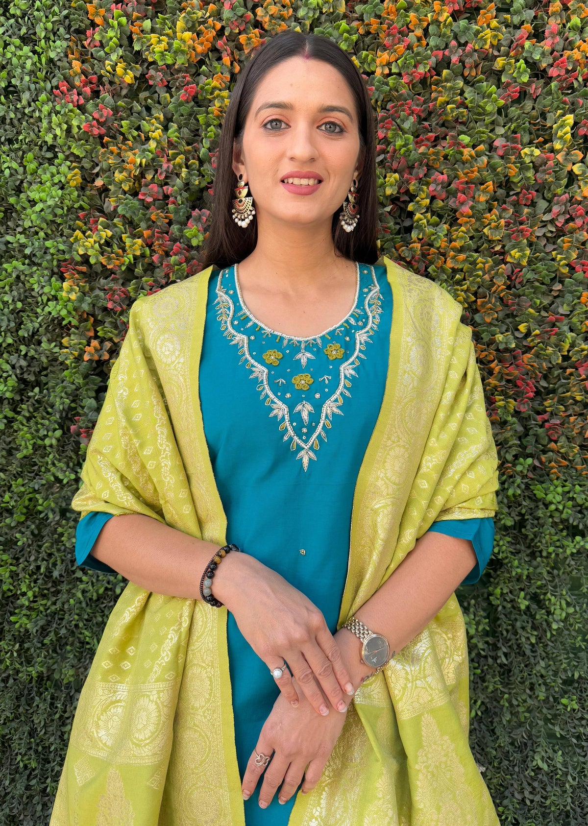 Vedant Vastram Kurta Pant Set With Dupatta Having Beautiful Handwork - Rama | Grocsy