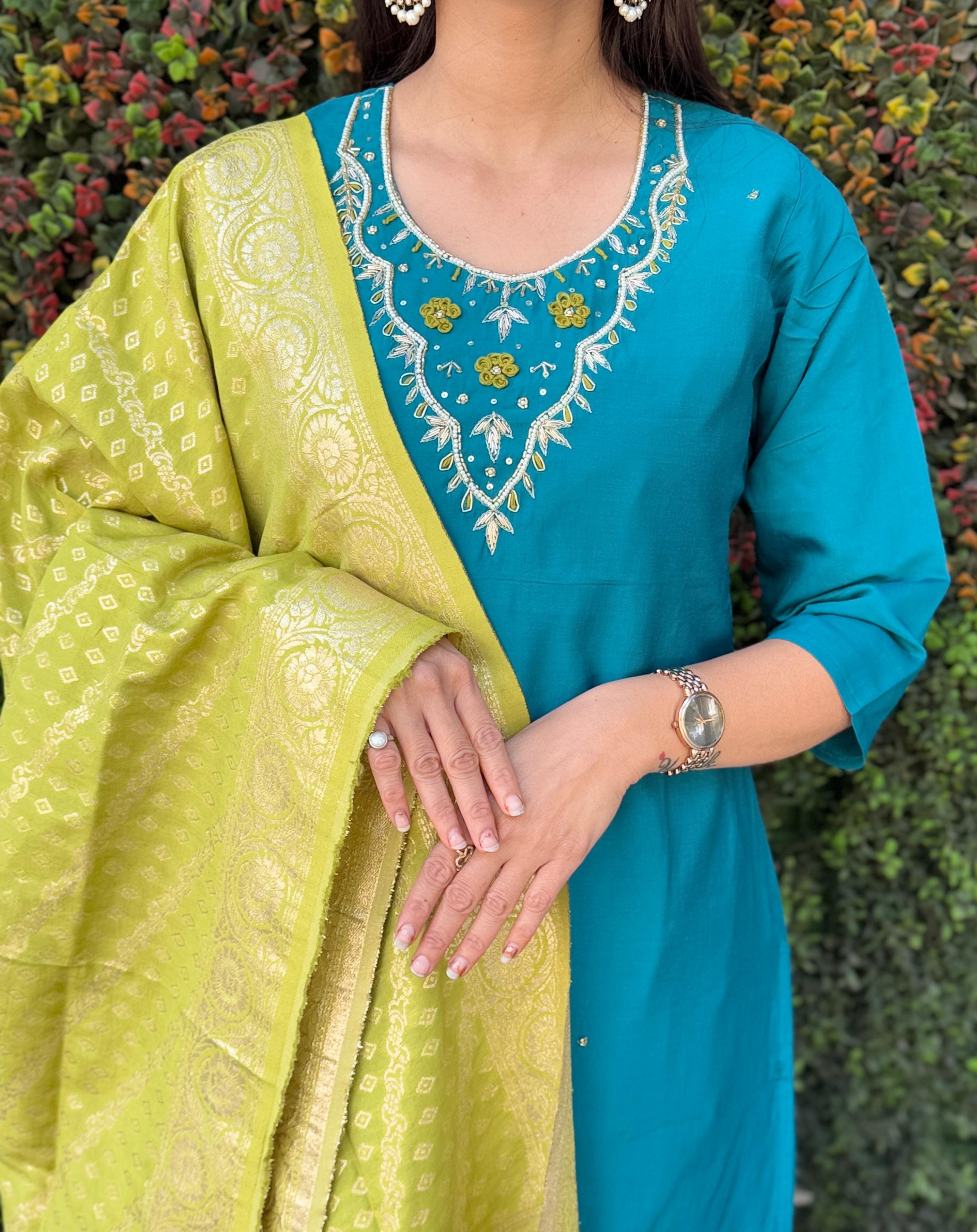 Vedant Vastram Kurta Pant Set With Dupatta Having Beautiful Handwork - Rama | Grocsy