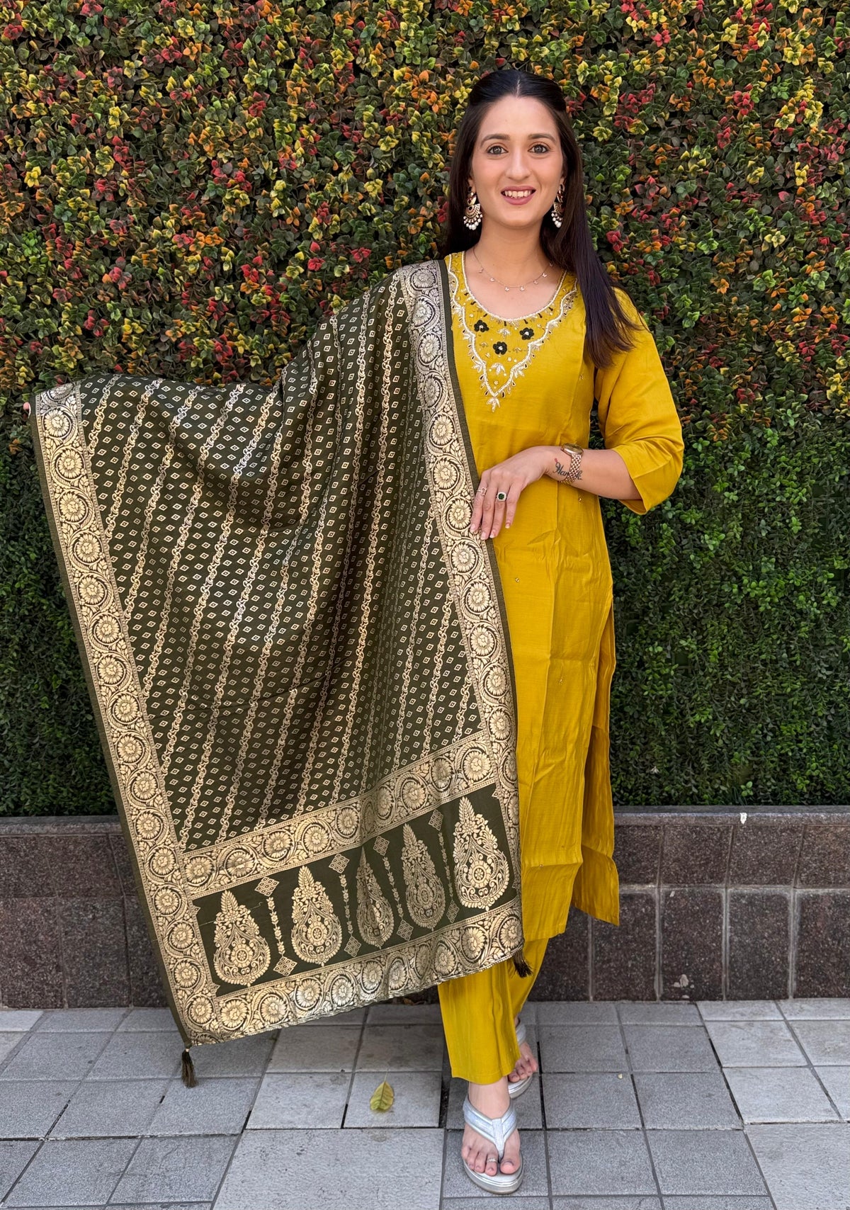 Vedant Vastram Kurta Pant Set With Dupatta Having Beautiful Handwork - Yellow | Grocsy