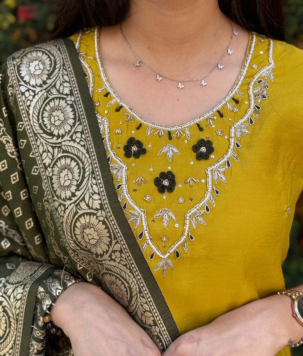 Vedant Vastram Kurta Pant Set With Dupatta Having Beautiful Handwork - Yellow | Grocsy