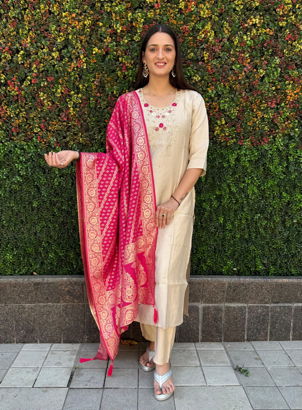 Vedant Vastram Kurta Pant Set With Dupatta Having Beautiful Handwork - Cream | Grocsy