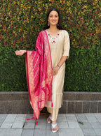 Vedant Vastram Kurta Pant Set With Dupatta Having Beautiful Handwork - Cream | Grocsy