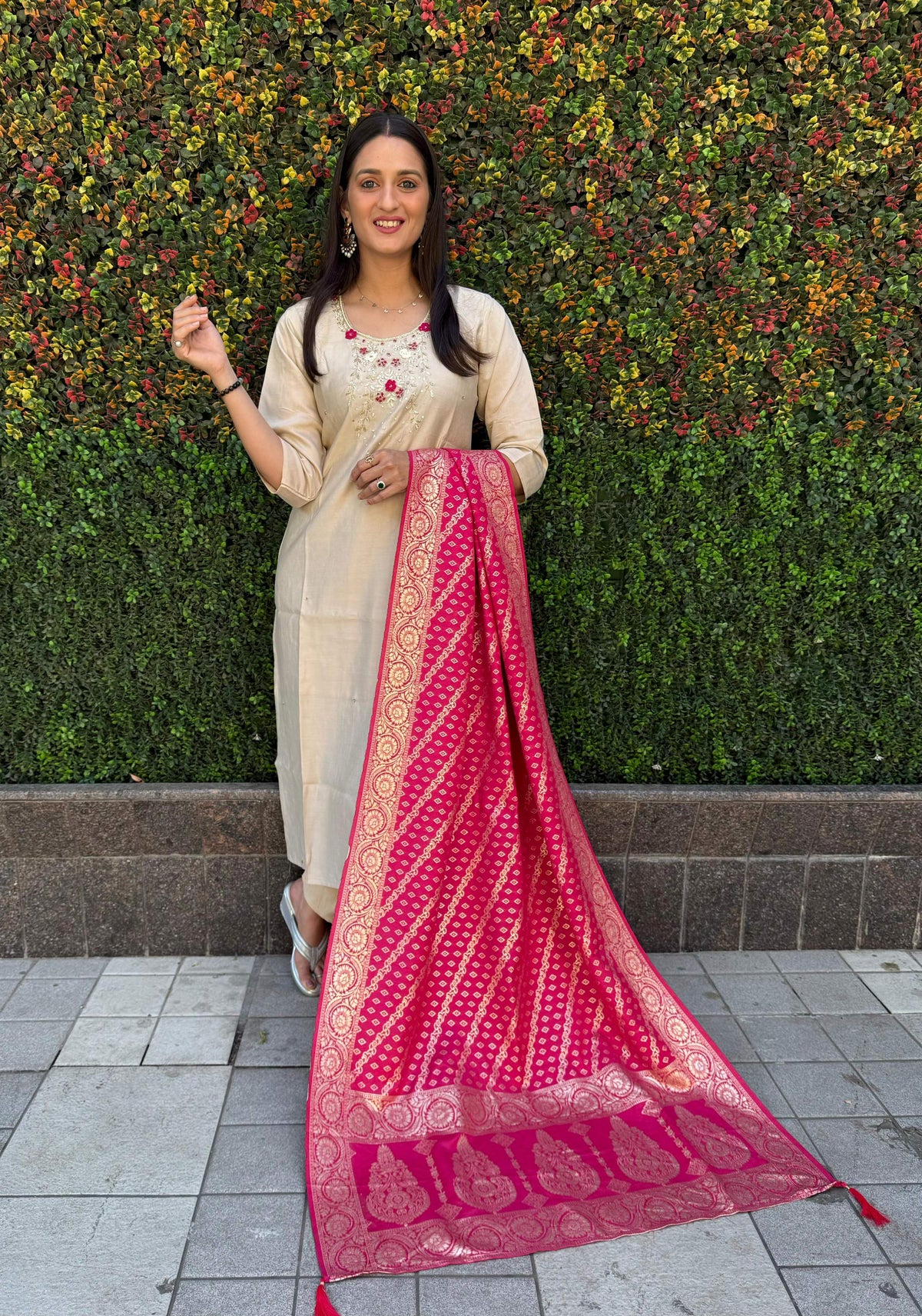 Vedant Vastram Kurta Pant Set With Dupatta Having Beautiful Handwork - Cream | Grocsy