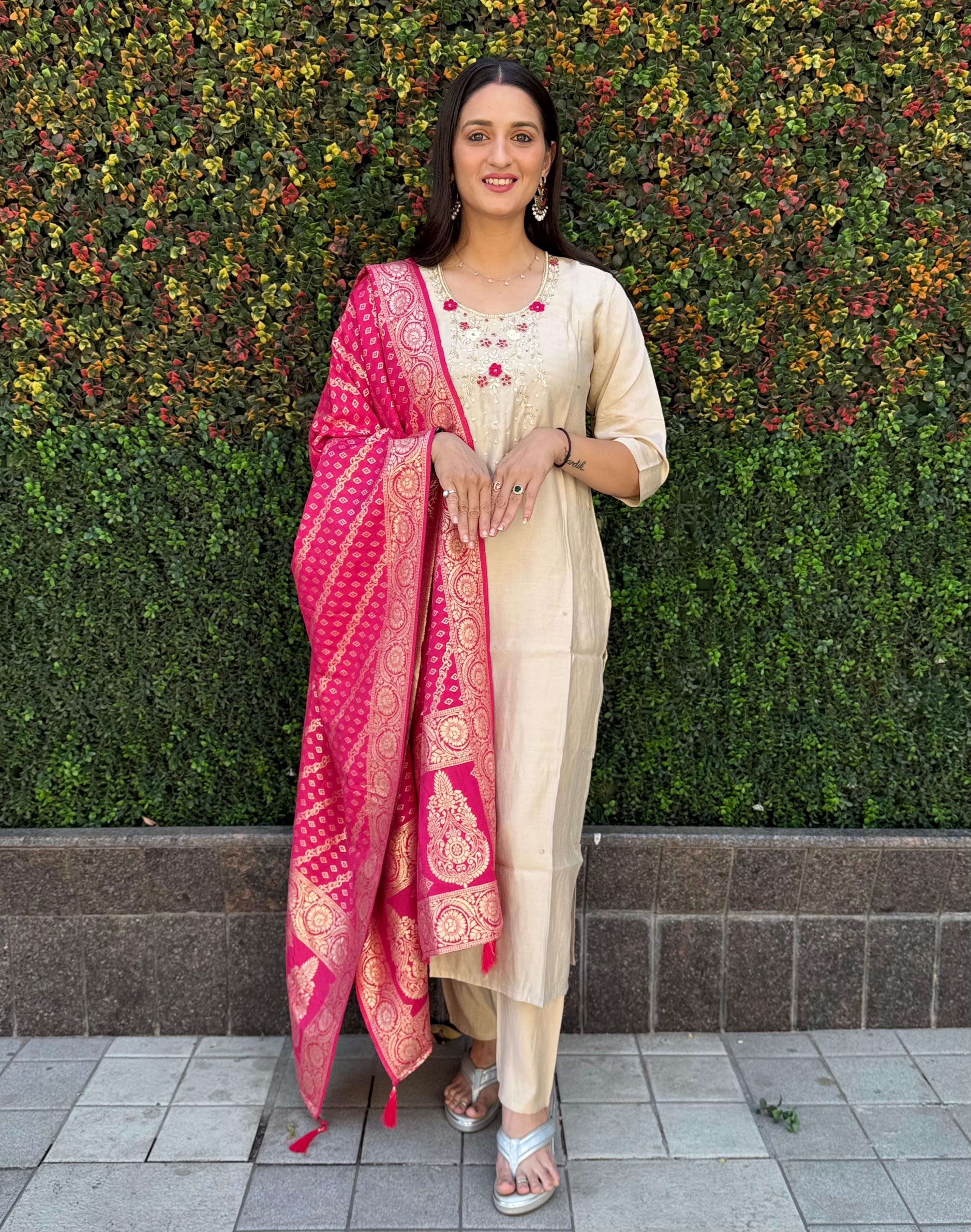 Vedant Vastram Kurta Pant Set With Dupatta Having Beautiful Handwork - Cream | Grocsy