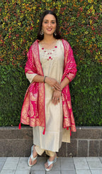 Vedant Vastram Kurta Pant Set With Dupatta Having Beautiful Handwork - Cream | Grocsy