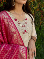 Vedant Vastram Kurta Pant Set With Dupatta Having Beautiful Handwork - Cream | Grocsy