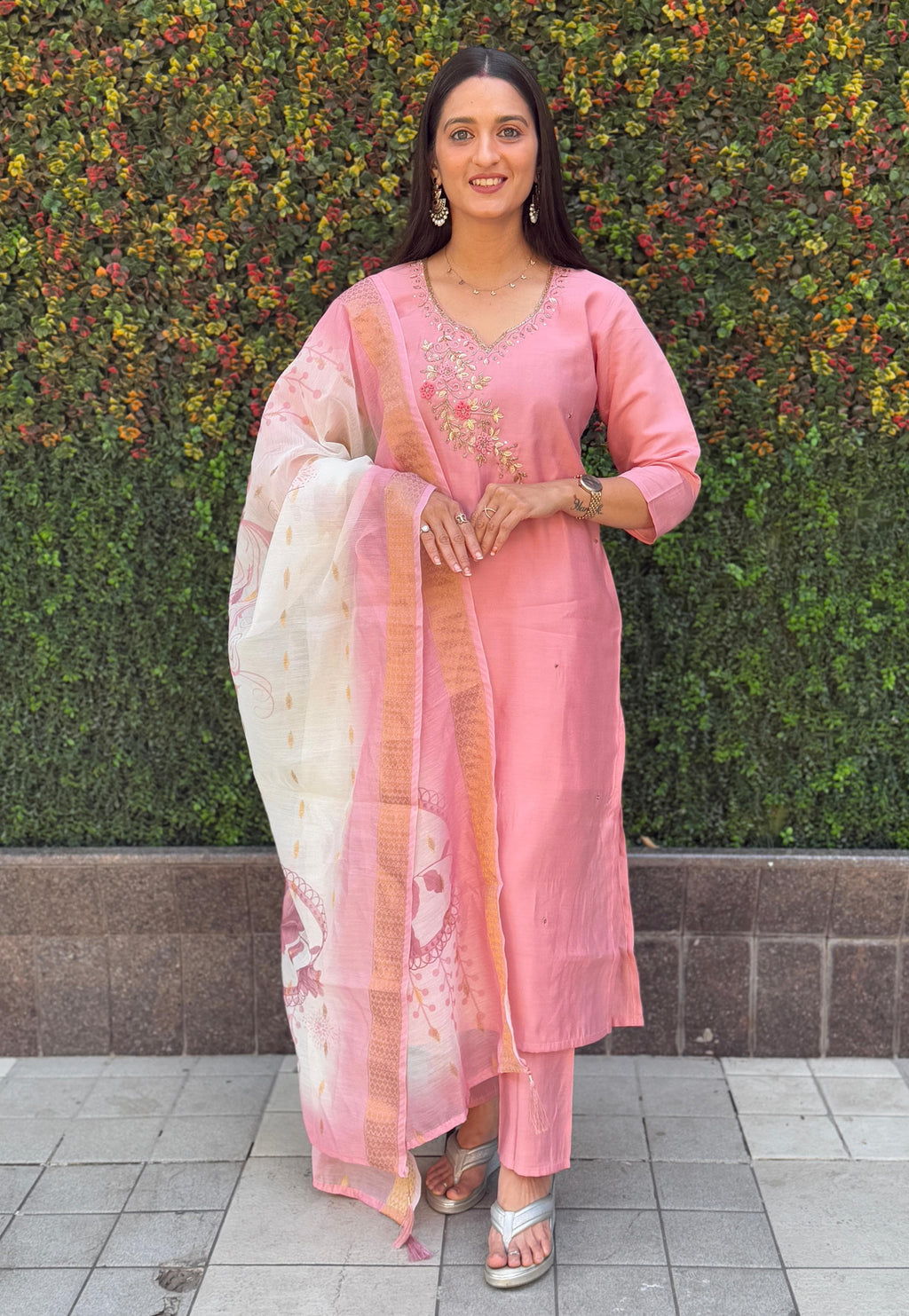 Vedant Vastram Kurta Pant Set With Dupatta Having Beautiful Handwork - Peach | Grocsy