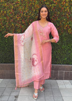 Vedant Vastram Kurta Pant Set With Dupatta Having Beautiful Handwork - Peach | Grocsy