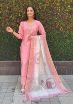 Vedant Vastram Kurta Pant Set With Dupatta Having Beautiful Handwork - Peach | Grocsy