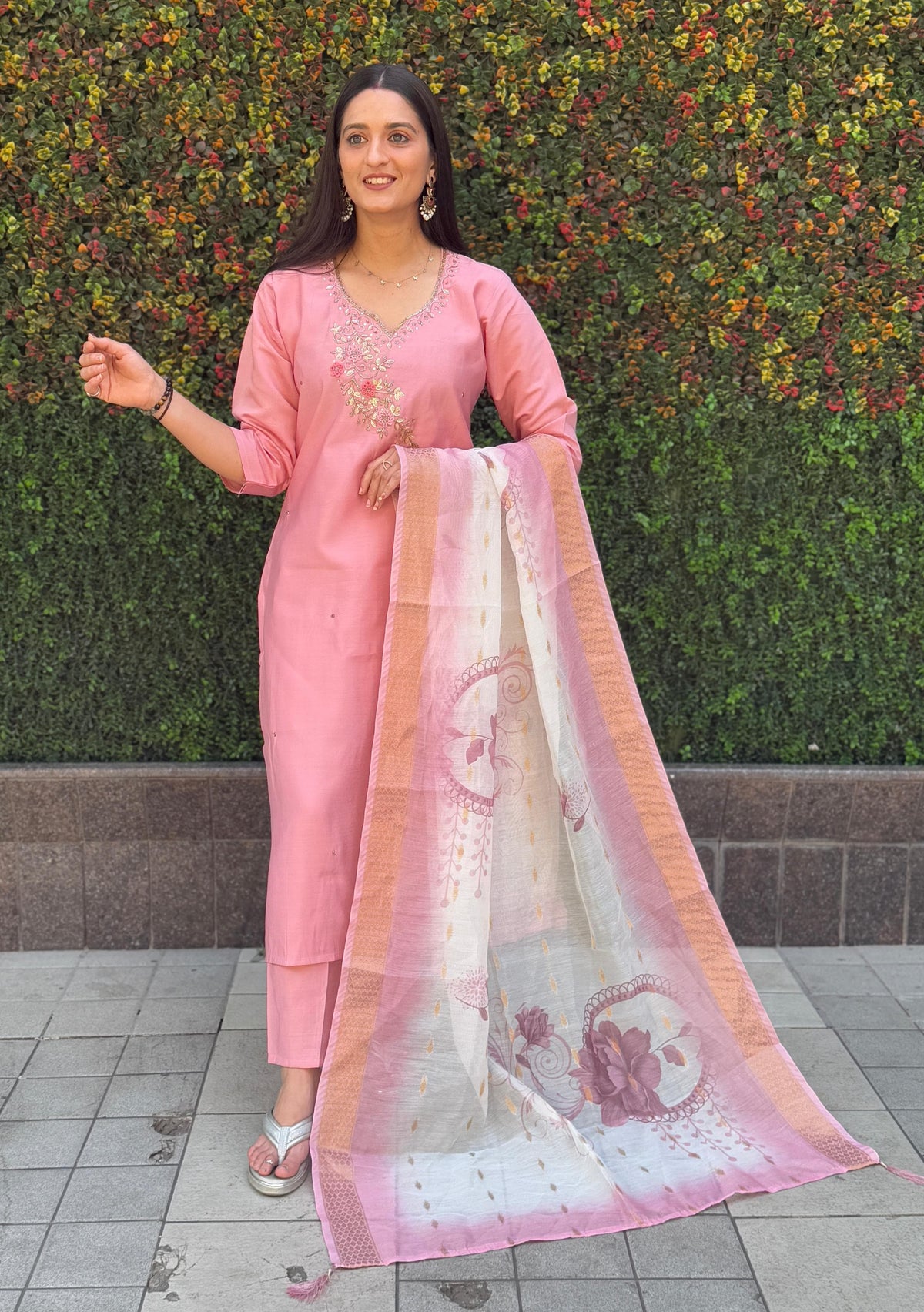 Vedant Vastram Kurta Pant Set With Dupatta Having Beautiful Handwork - Peach | Grocsy