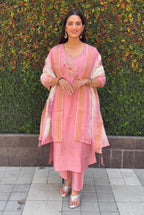 Vedant Vastram Kurta Pant Set With Dupatta Having Beautiful Handwork - Peach | Grocsy
