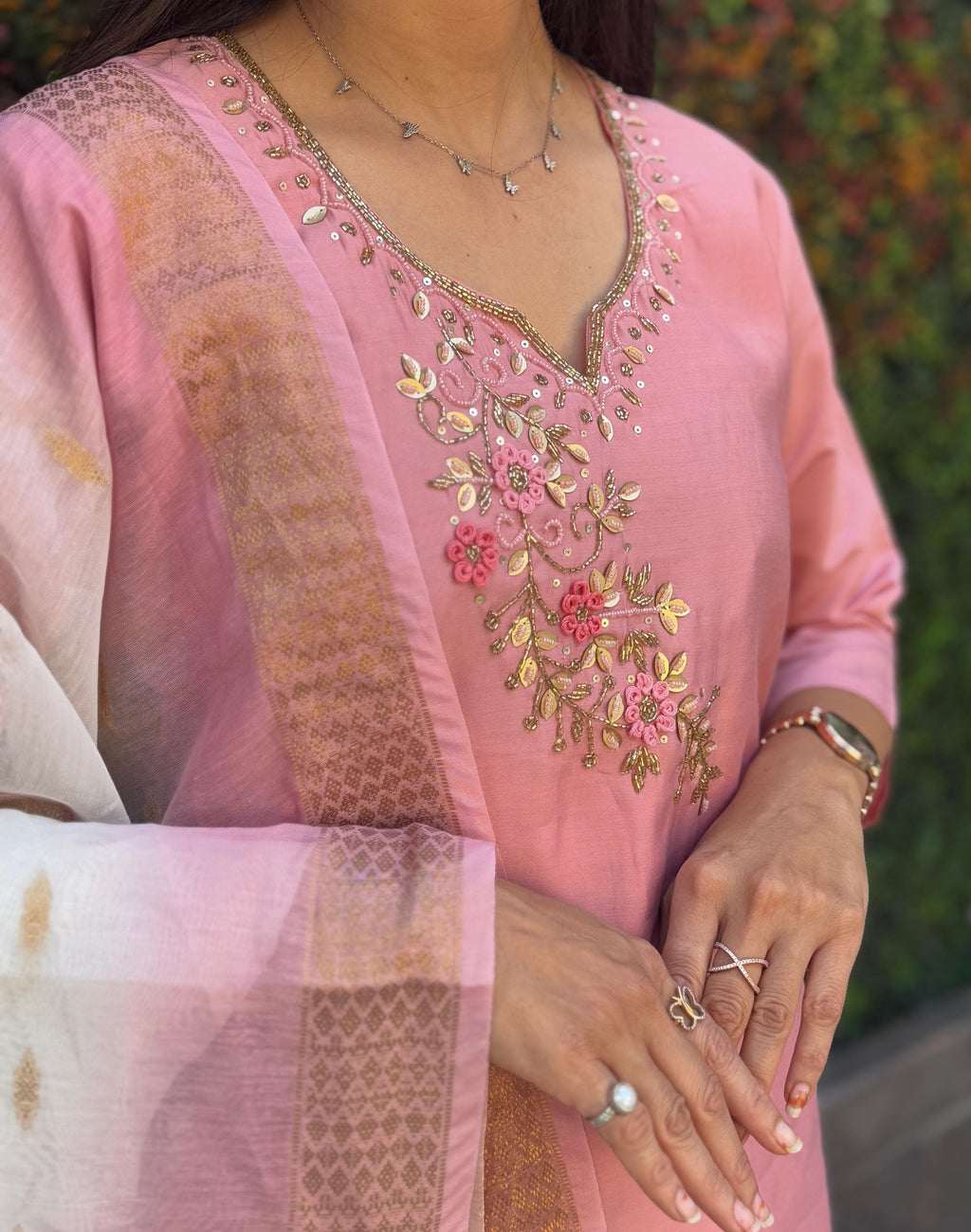 Vedant Vastram Kurta Pant Set With Dupatta Having Beautiful Handwork - Peach | Grocsy