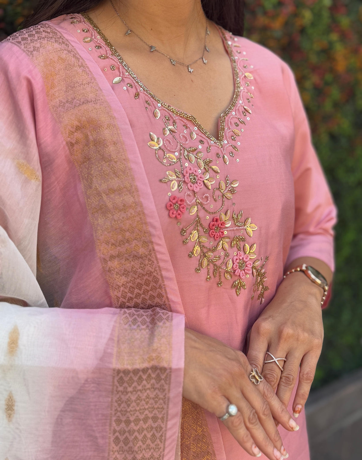 Vedant Vastram Kurta Pant Set With Dupatta Having Beautiful Handwork - Peach | Grocsy
