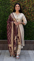 Vedant Vastram Kurta Pant Set With Dupatta Having Beautiful Handwork - White | Grocsy