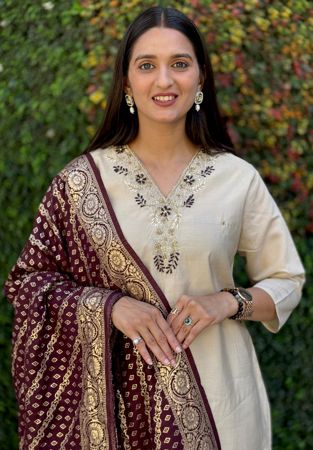 Vedant Vastram Kurta Pant Set With Dupatta Having Beautiful Handwork - White | Grocsy